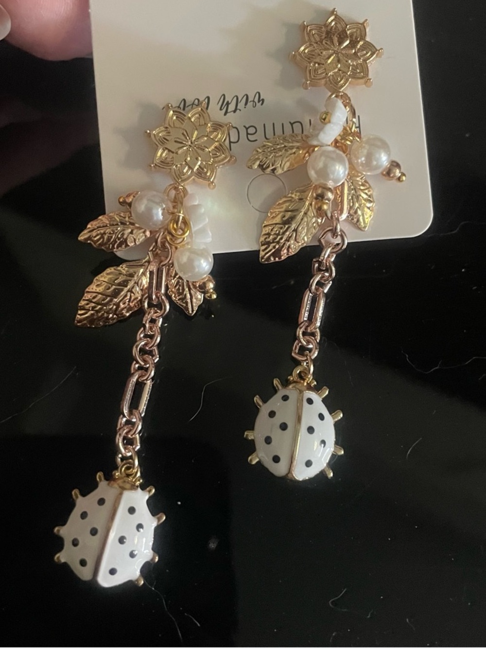 Gold Floral Pearl Drop Earrings with White Polka Dot Ladybug - Picture 4 of 11